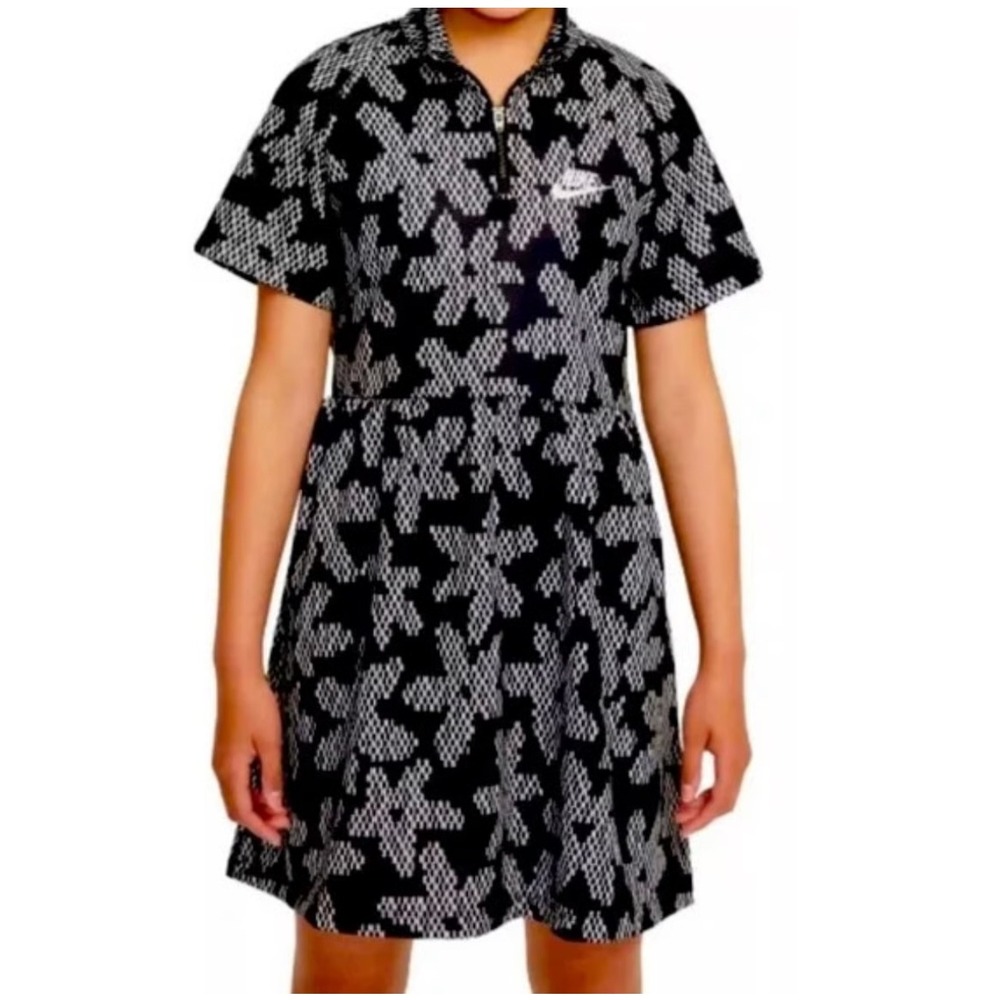 Nike Sportswear Girls' XL Black & White Floral Short Sleeve Dress DM8212‎ Zip